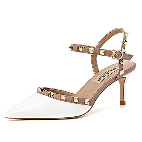 WOkismD Damen-Pumps mit spitzem Zehenbereich und hohem Absatz, modisch, Nieten-Knöchelriemen, elegante mittelhohe Kitten-Heels, sexy Slingback-Stiletto-Heels, Hochzeitskleid-Schuhe,Weiß,40 von WOkismD