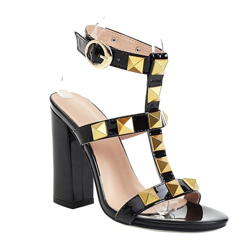 WOkismD Damen-Sandalen mit T-Riemen und offener Zehenpartie, elegante klobige High-Heel-Sandalen mit Blockabsatz und Slingback-Sandalen für Party, Abschlussball, Hochzeitskleid,Schwarz,42 von WOkismD