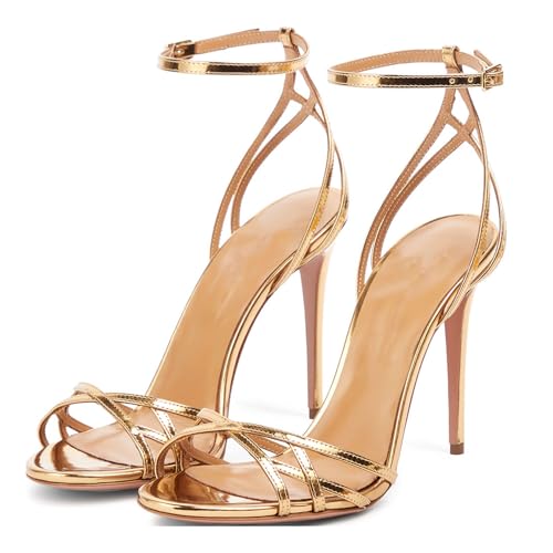 WOkismD Damen-Sandalen mit offenem Zehenbereich, Riemchenriemen, Stiletto-Absatz, Knöchelschnalle, Stilletos, High Heels, Hochzeit, Abschlussball, Brauttanz, Kleid, Pump-Sandalen, Schuhe,Gold,37 von WOkismD