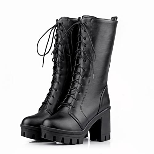 WOkismD Damen Schnürstiefel Hohe Stiefel Schwarz Hohe Stiefel Kunstleder Blockabsatz Stiefel Damen Schwarz Stiefel Damen Hohe Stiefel von WOkismD