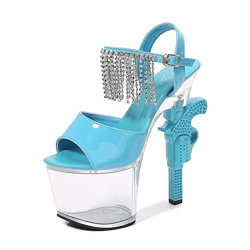 WOkismD Damen Sexy Offene Zehensandalen Kristall Plateau High Heels mit Strasskette Knöchelriemen Blockabsatz Geformte Absatzsandalen 17,5 cm/6,8 Zoll für Stripper Party Club Pole Dance,Blau,36 von WOkismD