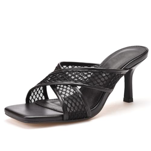 WOkismD Damen Slide Sandalen Mesh Stiletto Heels Pantoletten Square Open Toe Slip On Sommer Kleid Schuhe,Schwarz,37 EU von WOkismD