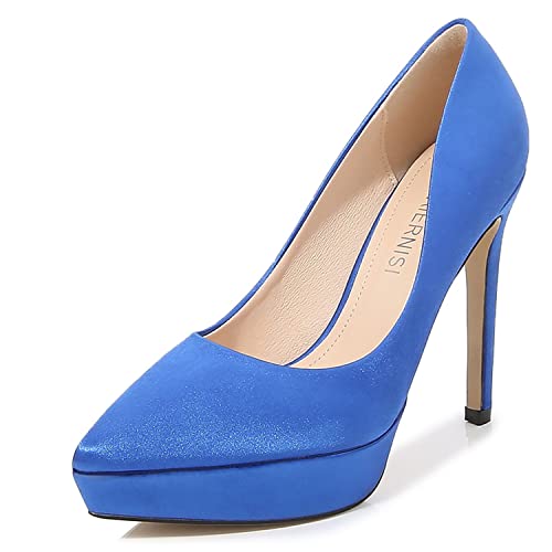 WOkismD Damen Spitze Zehe Plattform Heels Sexy Stiletto High Heel Pumps Slip-on Party Büro Kleid Schuhe Satin Hochzeit Braut Komfort Pumps,Blau,40 von WOkismD