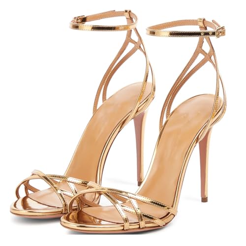 WOkismD Damen-Stiletto-Sandalen mit hohen Absätzen, offener Zehenbereich, Knöchelschnalle, Absätze, Sandalen, 10,9 cm, Riemchensandalen für Party, Abschlussball, Heimkehr, elegante Schuhe,Gold,46 von WOkismD