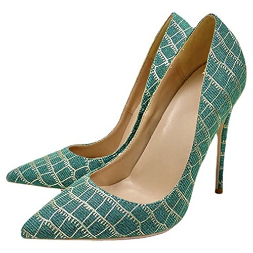 WOkismD Damen Vintage Karierte Stiletto High Heel Pumps Closed Pointed Toe 4.7 Zoll/12cm Absatz Klassische Party Hochzeitskleid Pump Schuhe,Blau,38 von WOkismD