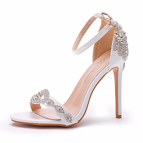 WOkismD Damen Voll Strass Heels Sandalen 4,3 Zoll Stiletto High Heel Dressy Peep Toe Knöchelriemen Pumps Hochzeit Braut Abendkleid Schuhe,Weiß,38 von WOkismD