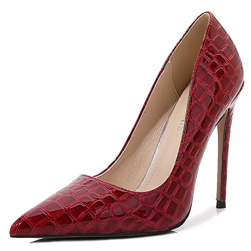 WOkismD Damenmode Spitzschuh High Heel Französisch geprägte Pumps Sexy Slip On Stiletto Party Abendkleid Karriere Büroschuhe,Rot,35 von WOkismD