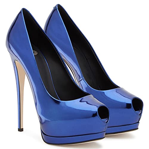 WOkismD Elegante und Elegante Damen-Peep-Toe-Pumps mit 5,9-Zoll-Stiletto-Absatz, Plateau-Stiletto-Absatz zum Hineinschlüpfen in eleganten Party-Hochzeitsschuhen,Blau,38 von WOkismD