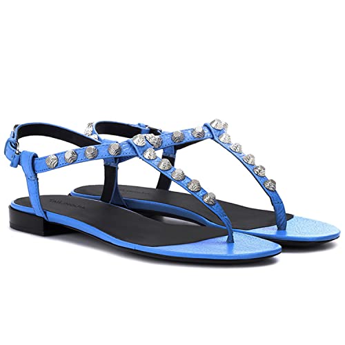 WOkismD Flache Sommersandalen mit offenen Zehen für Damen mit Metallnietenverzierung Strand Lässige Flip-Flop-Sandalen Schuhe Plus Größe 34-46,Blau,34 von WOkismD