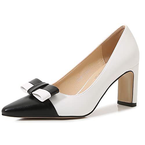 WOkismD Frauen Chunky Mid Heel Close Pointed Toe Pumps schwarz und weiß farblich passende High Heels mit Schleifenverzierung Hochzeit Büroschuhe,Weiß,35 von WOkismD