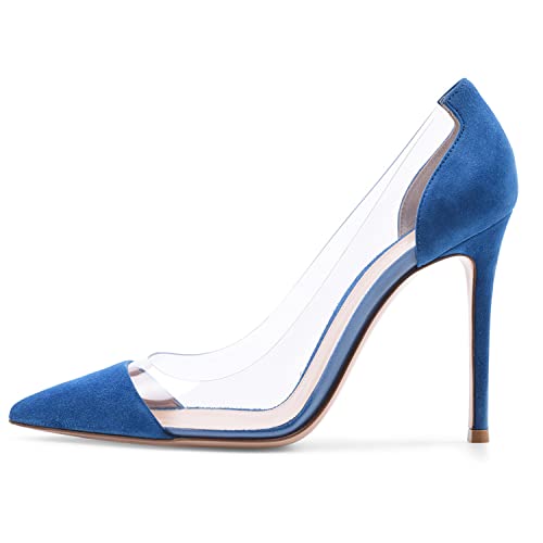 WOkismD Frauen Clear Slip on Pumps Stiletto High Heel Spitzschuh PVC Patchwork Sandalen Kleid Hochzeit Party Sommerschuhe 12cm/4.7inch,Blau,35 von WOkismD