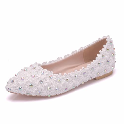 WOkismD Frauen Flache Schuhe Weiße Spitze Hochzeit Flache Schuhe Spitze Plus Größe Schuhe Hochzeit Party Kleid Schuhe,Weiß,40 EU von WOkismD