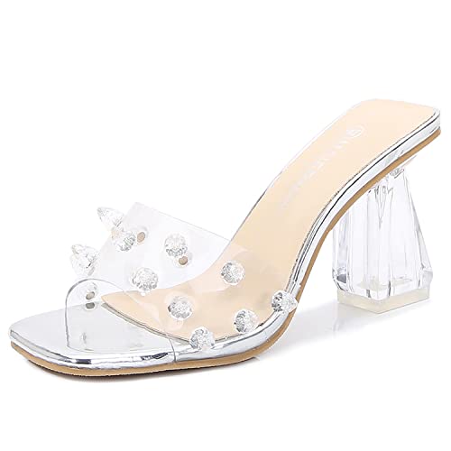 WOkismD Frauen PVC Slingback High Heels Crystal Chunky Mid Heel Open Square Toe Sandalen mit Strassnieten Hochzeit Party Prom Dress Schuhe,Weiß,45 von WOkismD