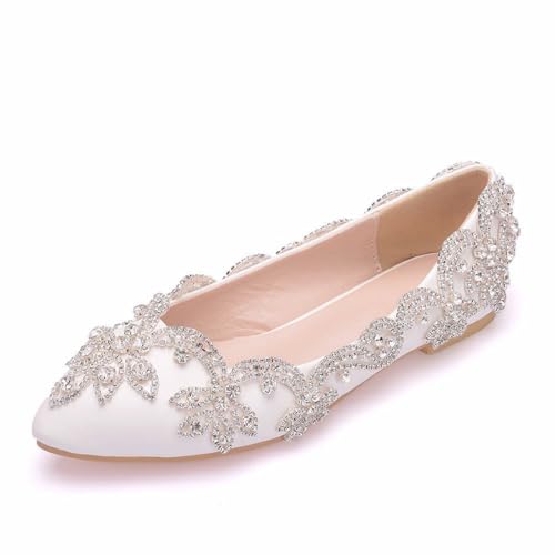 WOkismD Frauen Strass Spitze Flache Schuhe Komfort Slip On Low Heel Brautkleid Schuhe Ballett Flache Schuhe,Weiß,41 EU von WOkismD