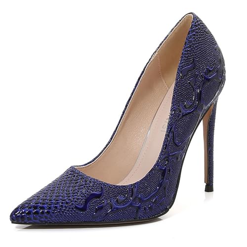 WOkismD Geprägte Damen-High-Heels, 11,9 cm, geschlossene, Spitze Zehen-Pumps, Elegante Slip-On-Stiletto-Absätze für Damen-Kleider, Hochzeitsschuhe,Blau,43 von WOkismD