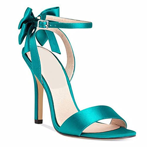 WOkismD Hohe Damen-Stiletto-Absätze aus Satin mit offenem Zehenbereich, Knöchelriemen, Pump-Sandalen mit Schleife hinten, für Hochzeit, Brautparty, Abschlussball,Blau,34 von WOkismD