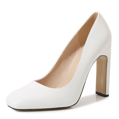 WOkismD Klobige Damen-High-Heels-Pumps, geschlossene Zehenpartie, Blockabsatz, Slip-On-Absätze, eckige Zehenpartie, Kleidschuhe für Abschlussball, Hochzeit, Party, Büroarbeit,Weiß,35 von WOkismD