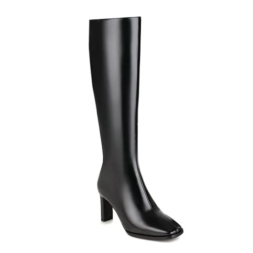 WOkismD Kniehohe Damen-Stiefel aus Lackleder mit seitlichem Reißverschluss, quadratische Zehenpartie, klobiger Absatz, lange Stiefel, modische, klassische Herbst-/Winter-Kleiderschuhe,Schwarz,39 von WOkismD