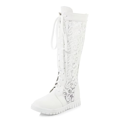 WOkismD Kniehohe Damen-Stiefel aus Spitze und Mesh mit runder Zehenpartie, flache, lange Stiefel zum Schnüren, hohle römische Sandalen, lange Stiefel, Abendschuhe mit Reißverschluss hinten,Weiß,38 von WOkismD