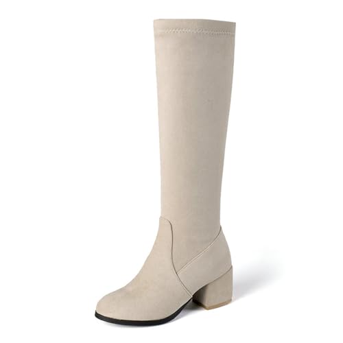 WOkismD Kniehohe Damen-Stiefel aus Wildleder mit seitlichem Reißverschluss, runder Zehenbereich, klobiger Blockabsatz, lange Stiefel, Herbst-/Winter-Kleiderschuhe,Beige,39 von WOkismD