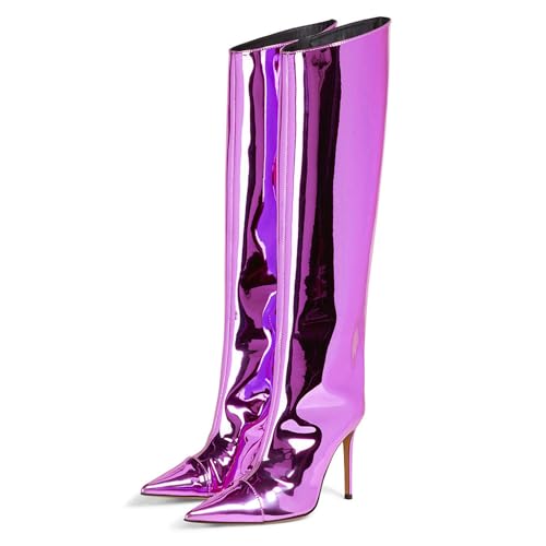 WOkismD Kniehohe Damen-Stiefel mit spitzer Zehenpartie, Stiletto-Absatz, Party-elegante Slip-on-Booties-Schuhe, modische, glänzende lange Stiefel,Lila,45 von WOkismD