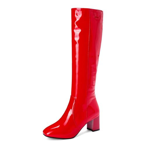WOkismD Kniehohe Stiefel für Damen mit breiter Wade, dickem Blockabsatz, runder Zehenbereich, seitlichem Reißverschluss, Herbst-Winter-Hochzeits- und Partyschuhe,Rot,39 von WOkismD