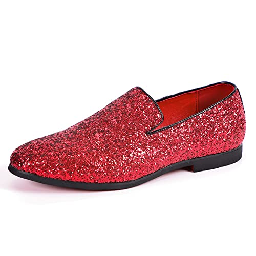 WOkismD Männer Loafer Metallic Strukturierte Slip-on Glitter Pailletten Mode Slipper Hochzeit Kleid Schuhe Rot Blau Grün Gold Silber,Rot,43 von WOkismD