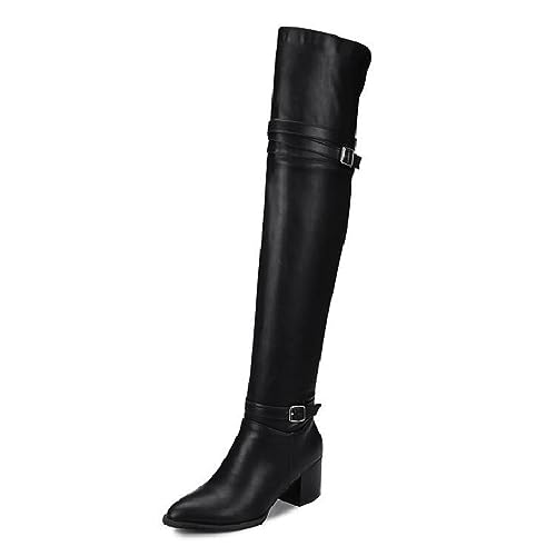 WOkismD Modische, oberschenkelhohe Stiefel mit Gürtelschnalle für Damen, klobige Absätze, Overknee-Stiefel, spitze Zehen, niedrige Absätze, lange Stiefel, Abendschuhe mit seitlichem,Schwarz,48 von WOkismD