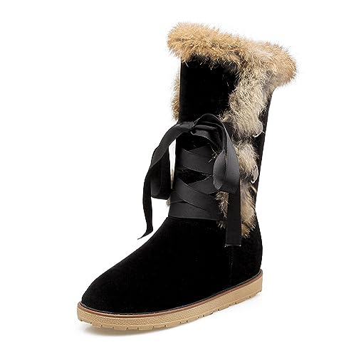 WOkismD Modische Damen-Schneestiefel zum Schnüren, lässiger Komfort, flacher Absatz, kniehohe Stiefel, flacher Absatz, runde Zehen-Stiefeletten, Herbst-Winter-Kunstfell-Schuhe,Schwarz,41 von WOkismD