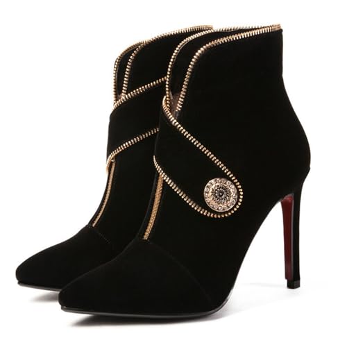 WOkismD Modische dekorative Stiefeletten mit Reißverschluss für Damen mit spitzer Zehenpartie, Stiletto-Absatz, Stiefeletten mit Strass-Schnalle und Wildleder-Herbst-Winter-Kleiderschuhen,Schwarz,38 von WOkismD
