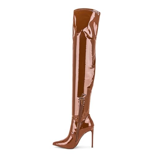 WOkismD Oberschenkelhohe Damen-Stiefel aus PU-Lackleder mit spitzer Zehenpartie und seitlichem Reißverschluss, modisch, bequem, Stiletto-Absatz, Overknee-Stiefel, Party- und Tanzschuhe,Braun,38 von WOkismD
