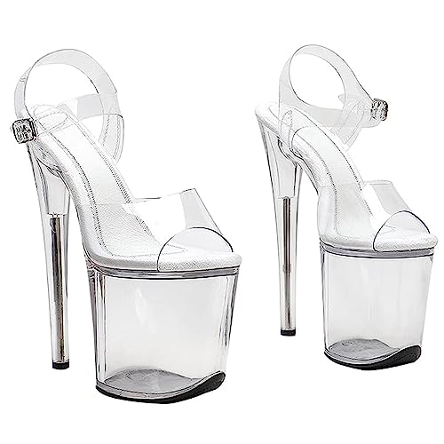 WOkismD Offene Damen-Sandalen, durchsichtige PVC-Schnalle, Knöchelriemen, Plateau-Sandalen, 20,3 cm, Stiletto-Kristall-Absätze, sexy Pole-Dance-Stripper, High-Heels, Partykleid-Schuhe,Clear,34 von WOkismD