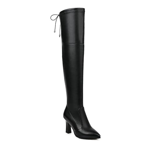 WOkismD Overknee-Stiefel zum Schnüren für Damen, PU-Leder, spitze Zehenpartie, klobige Absätze, oberschenkelhohe Stiefel, lange Stretch-Stiefel, Herbst-/Winter-Kleiderschuhe,Schwarz,46 von WOkismD