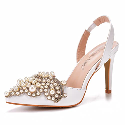 WOkismD Perlenbesetzte Kitten-Heels für Damen Geschlossener Zehen-Slingback-Slip-On Pump Pearls Comfort Dress Wedding Bridal High Heel Sandaletten,Weiß,35 von WOkismD