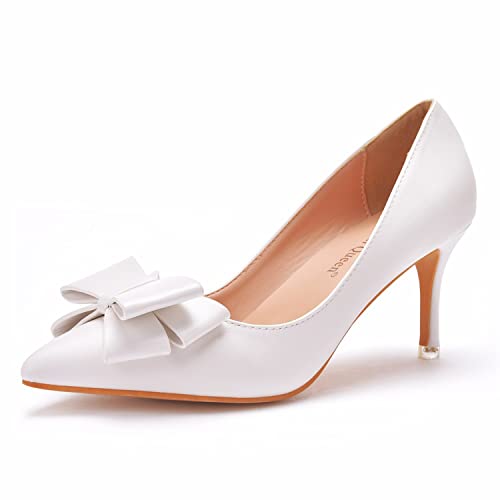 WOkismD Pumps mit spitzer Zehenpartie für Damen, formelle, mittlere Kitten-Heels, Stilettos, zum Hineinschlüpfen, Klassische Pumps, Komfort, Büro, Alltag, Elegante Schuhe mit Schleife,Weiß,35 von WOkismD