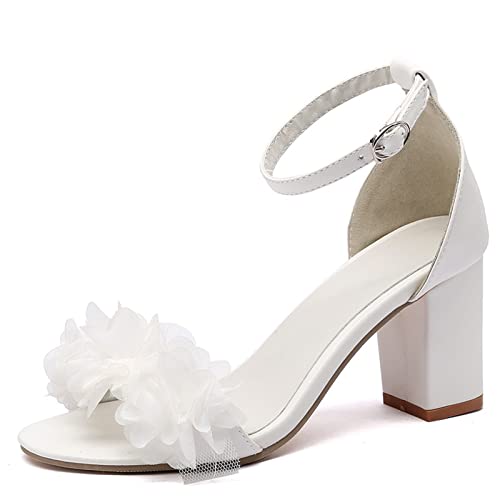 Runde Zehen-Sandalen Mit Klobigem Absatz Florale Offene Zehen-High-Heel-Damenschuhe in Großen Größen,Weiß,45 EU von WOkismD