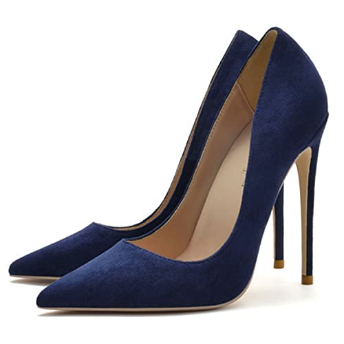 WOkismD Wildleder Stiletto High Heel Schuhe für Frauen Spitz Geschlossene Zehe Klassische Slip On Kleid Pumps 4,7 Zoll/12cm Hochzeitskleid Süße Abendschuhe,Blau,35 von WOkismD