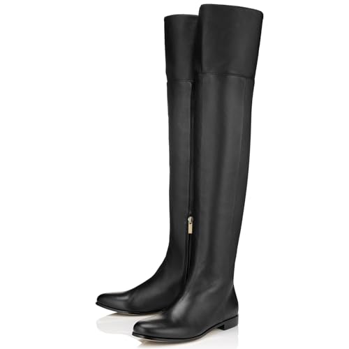 WOkismD Winter Damen Schwarz Reißverschluss Runde Zehe Square Heel Über-das-Knie Flache Oberschenkel Stiefel Casual Ritter Stiefel,Schwarz,46 EU von WOkismD