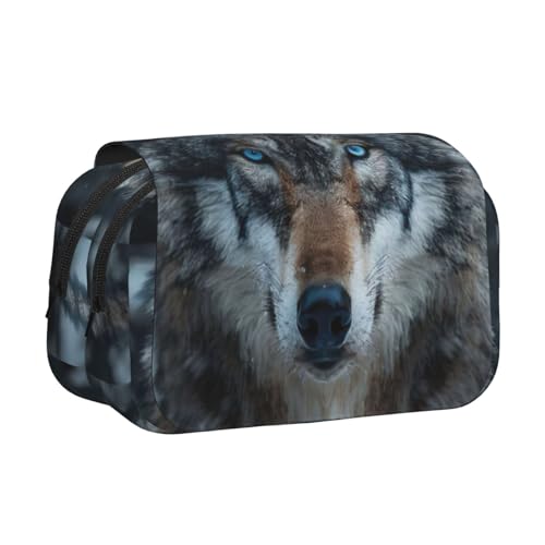 Vielseitiges Federmäppchen mit blauen Augen, Wolfsdruck, praktische Fächer, Reisen, Bürobedarf, große Kapazität von WOmeng