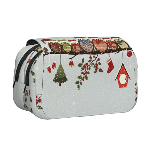 WOmeng Niedliche Weihnachts-Eulen auf Ast, vielseitiges Federmäppchen, praktische Fächer, Reise- und Bürobedarf, großes Fassungsvermögen von WOmeng