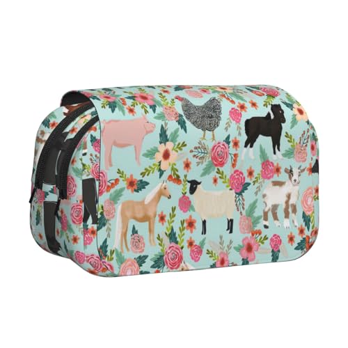 WOmeng Vielseitiges Federmäppchen mit Bauernhoftier-Druck, praktische Fächer, Reise- und Bürobedarf, großes Fassungsvermögen von WOmeng