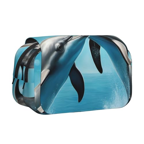WOmeng Vielseitiges Federmäppchen mit Delfin-in-Liebes-Aufdruck, praktische Fächer, Reise- und Bürobedarf, große Kapazität von WOmeng