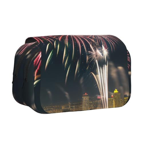 WOmeng Vielseitiges Federmäppchen mit Feuerwerk-Muster, praktische Fächer, Reise- und Bürobedarf, großes Fassungsvermögen von WOmeng