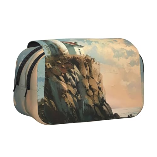 WOmeng Vielseitiges Federmäppchen mit Leuchtturm-Hintergrund, praktische Fächer, Reisen, Bürobedarf, großes Fassungsvermögen von WOmeng