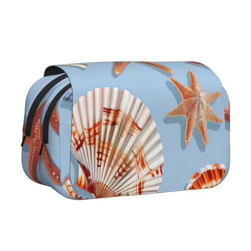 WOmeng Vielseitiges Federmäppchen mit Seestern- und Muschelmuster, praktische Fächer, Reise- und Bürobedarf, großes Fassungsvermögen von WOmeng