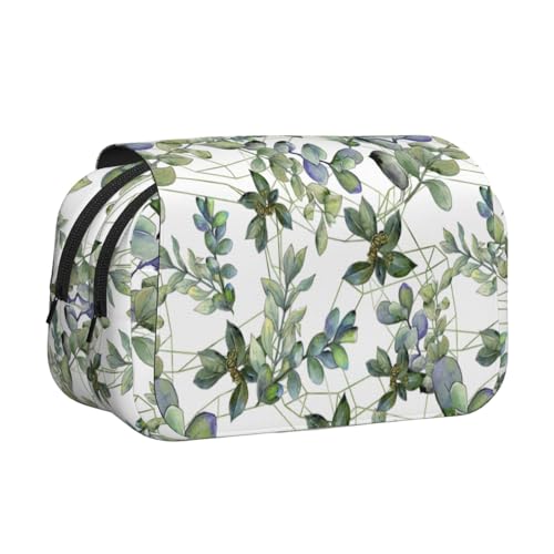 WOmeng Vielseitiges Federmäppchen mit grünem Eukalyptusblätter-Druck, praktische Fächer, Reise- und Bürobedarf, großes Fassungsvermögen von WOmeng