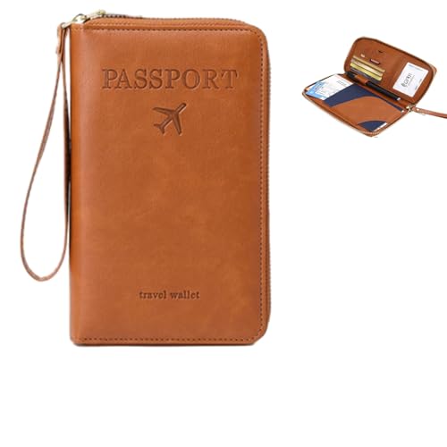 WPDUIODF RFID-Reisepasshülle, Multifunktionale Reisebrieftasche for Männer Und Frauen, Sicherer Ausweis-Organizer Mit Diebstahlschutz, Brieftaschenhülle for Unterwegs(Brown) von WPDUIODF