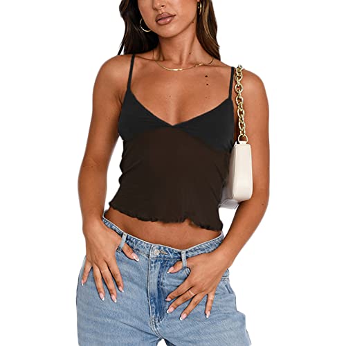 Frauen Y2k Cami Shirt Sexy Spaghettiträger Crop Top Rückenfrei Ausgehen Camisole Weste Tank Tops, Mesh Patchwork Schwarz, Klein von WPNAKS