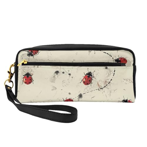 Art Ladybug Tracks bedruckte Make-up-Tasche für Damen, Reise-Kosmetiktasche aus PU-Leder mit Handgelenk-Kulturbeutel, Schwarz , Einheitsgröße, Kosmetiktasche von WPUTY