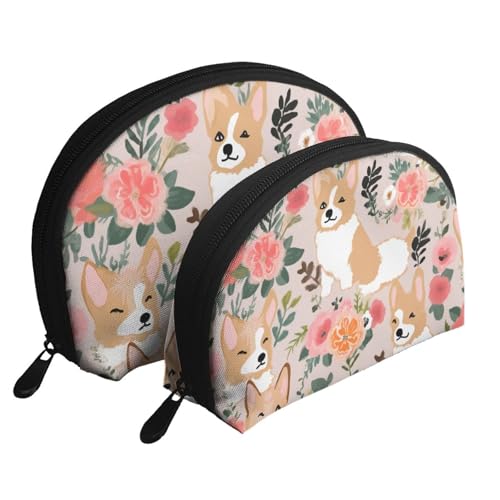 Atomic Stars Retro Muster Druck Muschelform 2 Stück Make-up Tasche Set Reise Kosmetik Organizer Stilvolle Aufbewahrung für Schönheit & Geschenke für Frauen Mädchen, Corgi Floral Flowers, Einheitsgröße von WPUTY